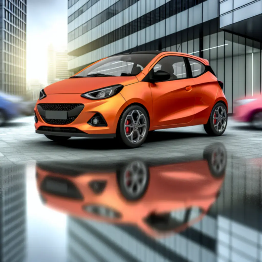 Compacte auto in helder oranje, vooraanzicht