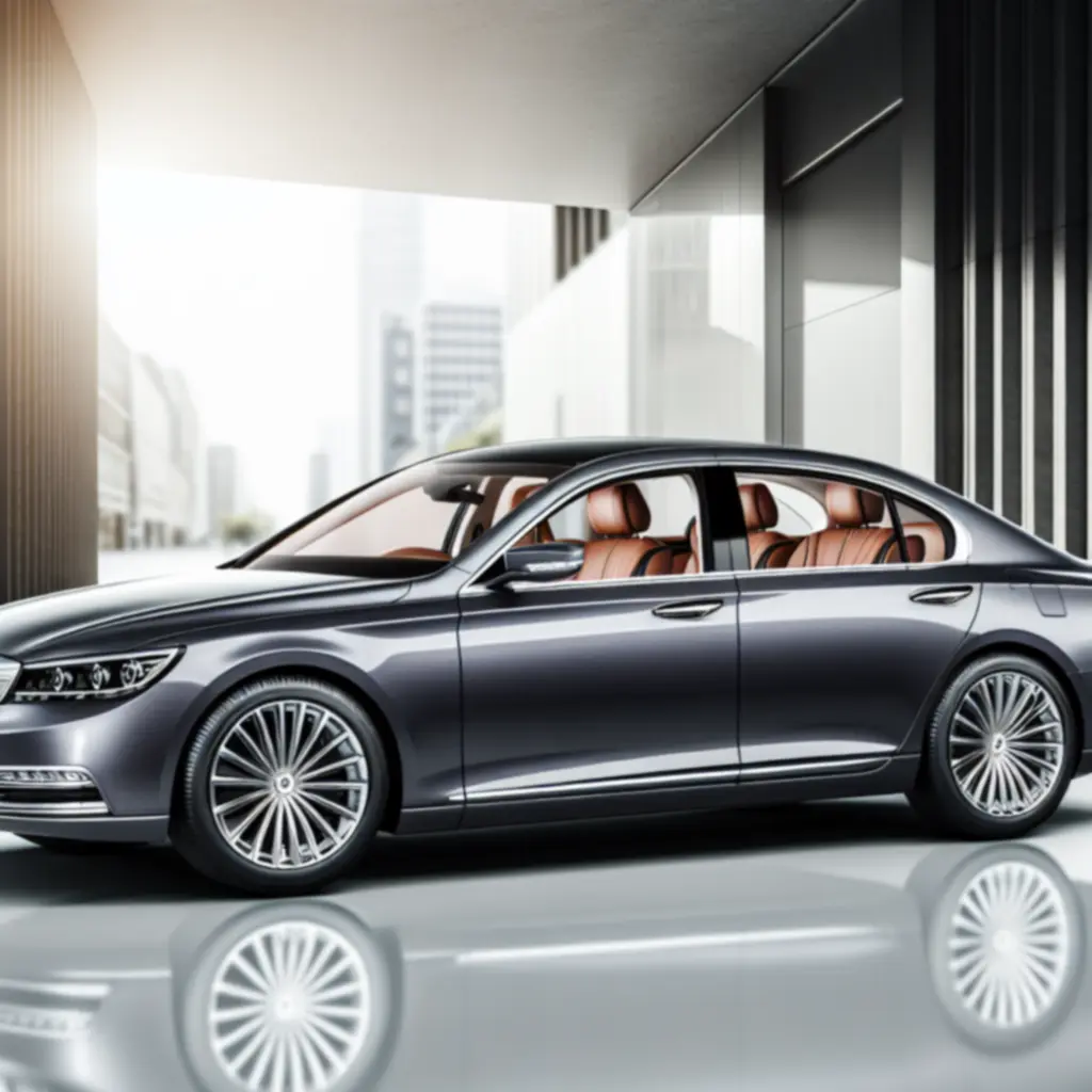 Luxe sedan in diepgrijs met lederen interieur, drie-kwart aanzicht