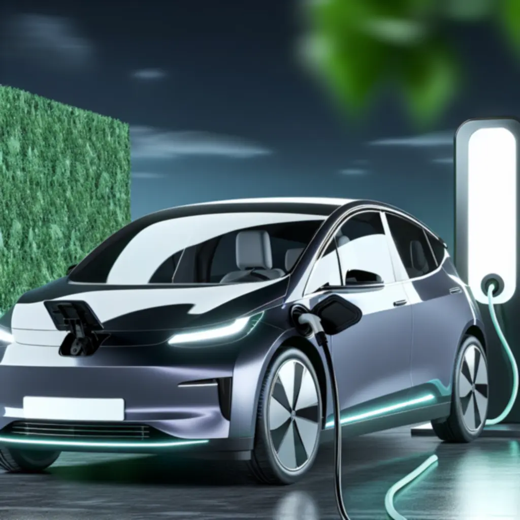 Elektrische sedan in donkergrijs, laadpoort zichtbaar