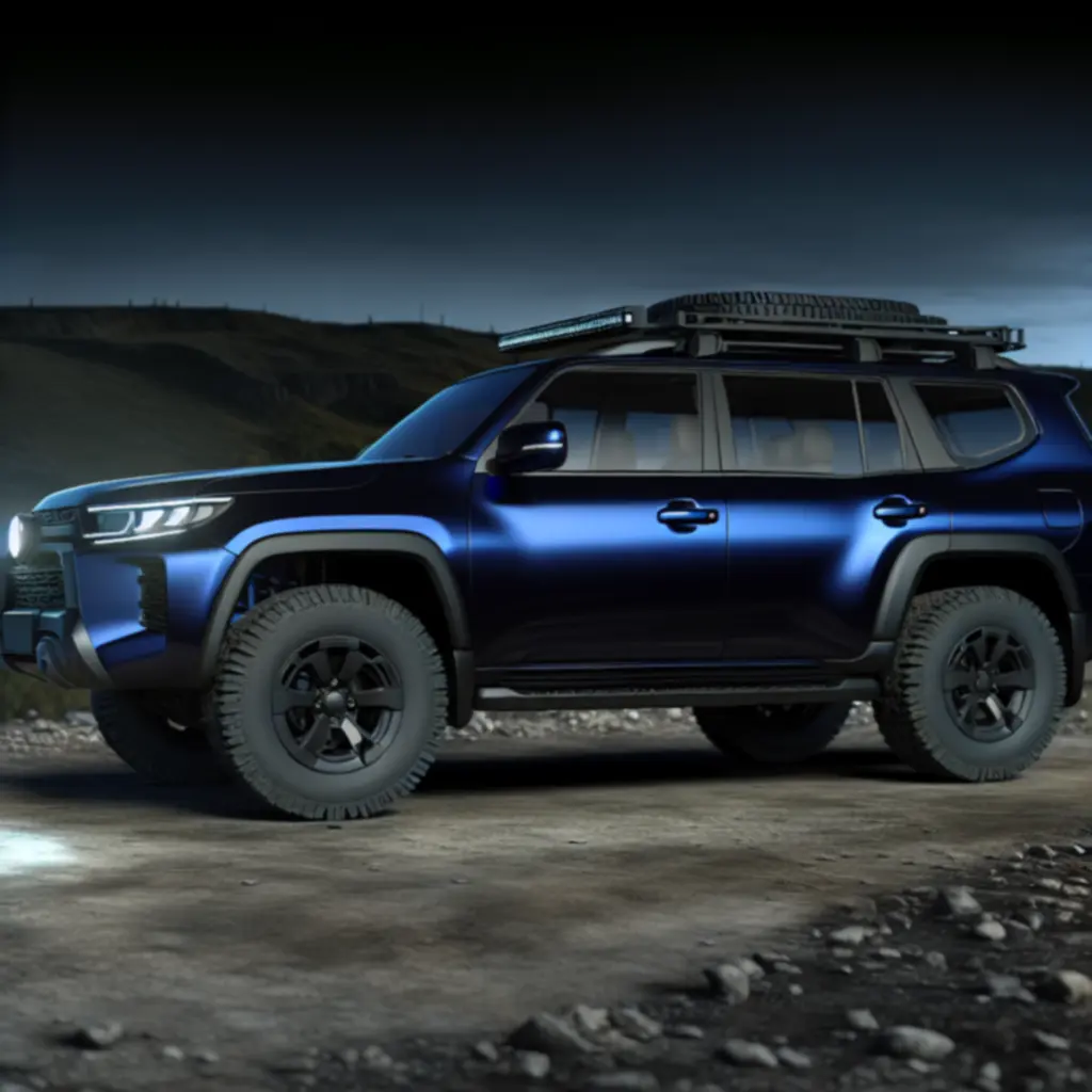 Robuuste SUV in donkerblauw, terrein-setup, zijaanzicht