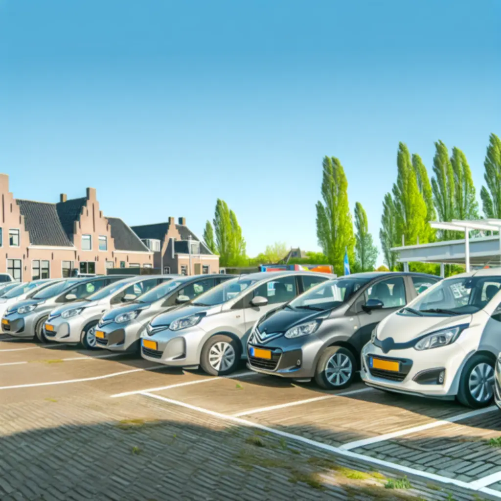 Overzicht van diverse huurauto’s geparkeerd op een ophaallocatie in Nederland
