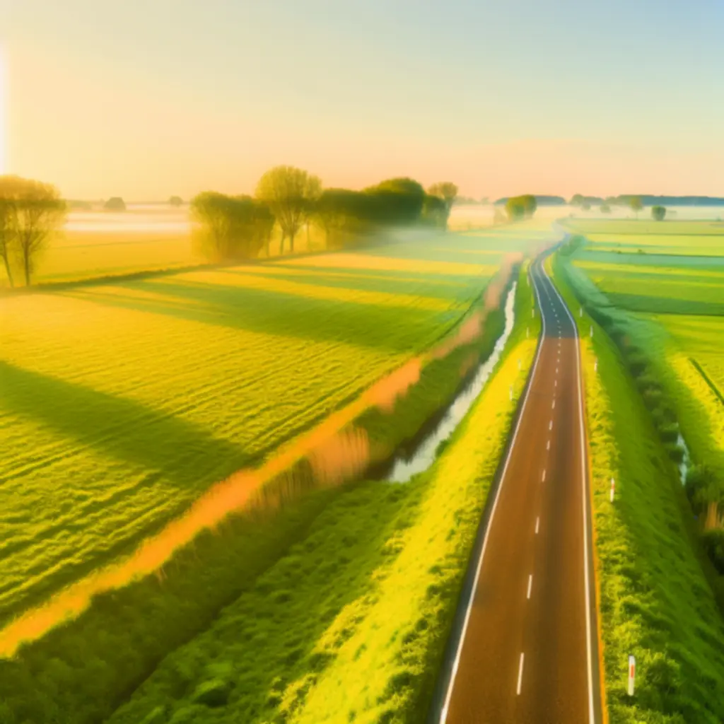 Slingerend Nederlands landschap met een weg bij zonsopkomst