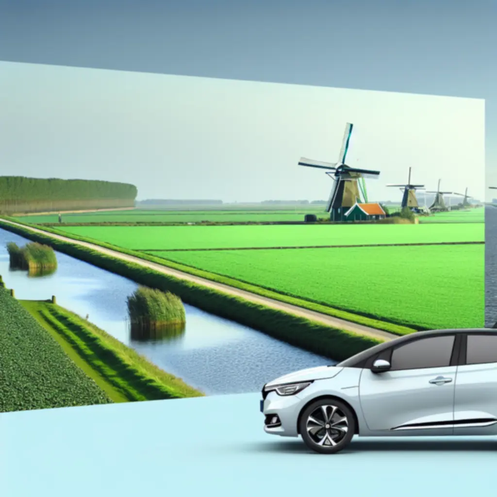 Moderne huurauto op een Nederlandse dijkweg met weids landschap