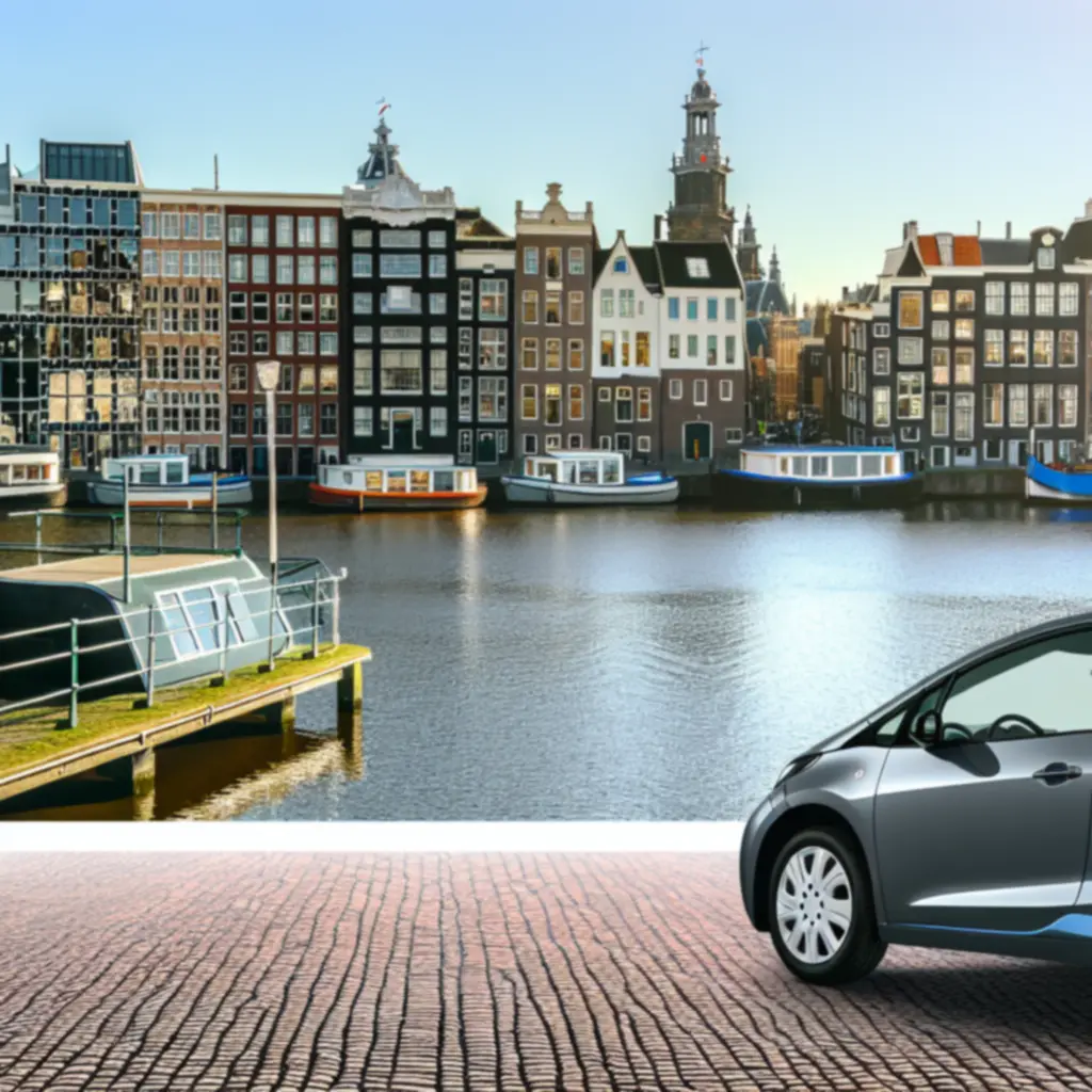 Moderne huurauto bij skyline van Amsterdam