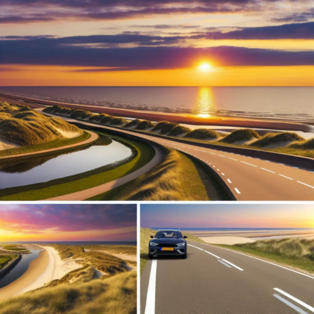 Autoweg langs de Nederlandse kustlijn bij zonsondergang