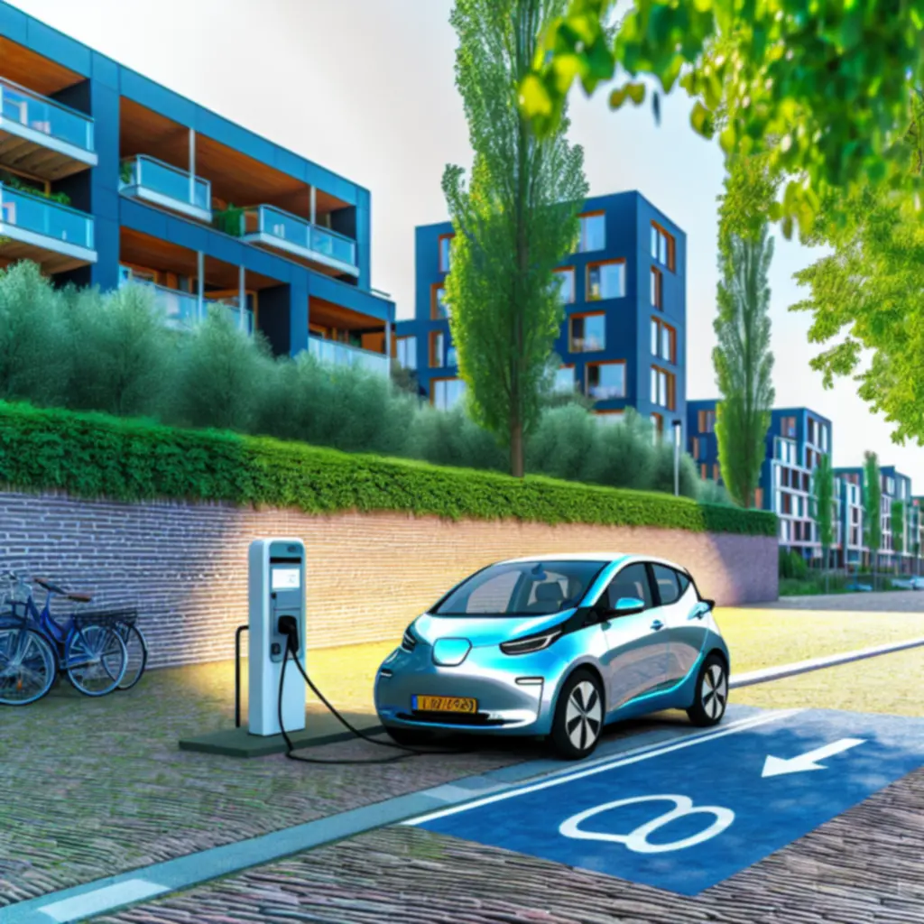 Elektrische huurauto die wordt opgeladen aan een laadpaal in Nederlandse omgeving