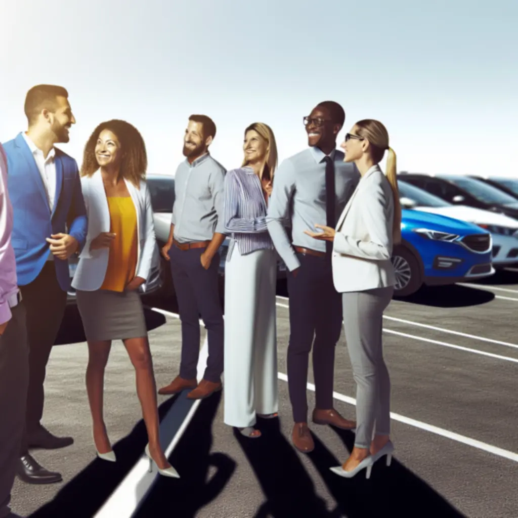 Teamleden van Exclusieve-Aanbieding in gesprek bij het wagenpark