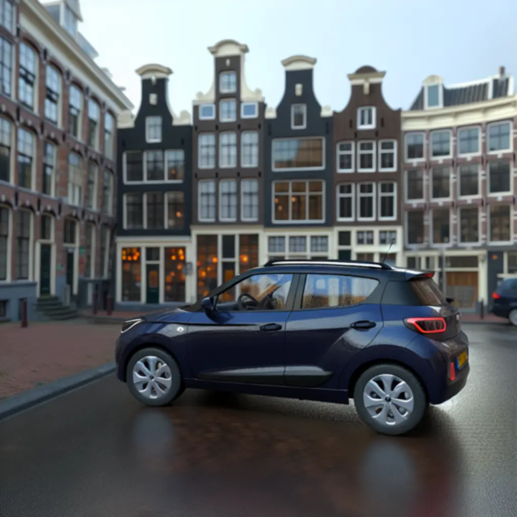 Compacte huurauto in navy blauw, geparkeerd in een Amsterdamse straat